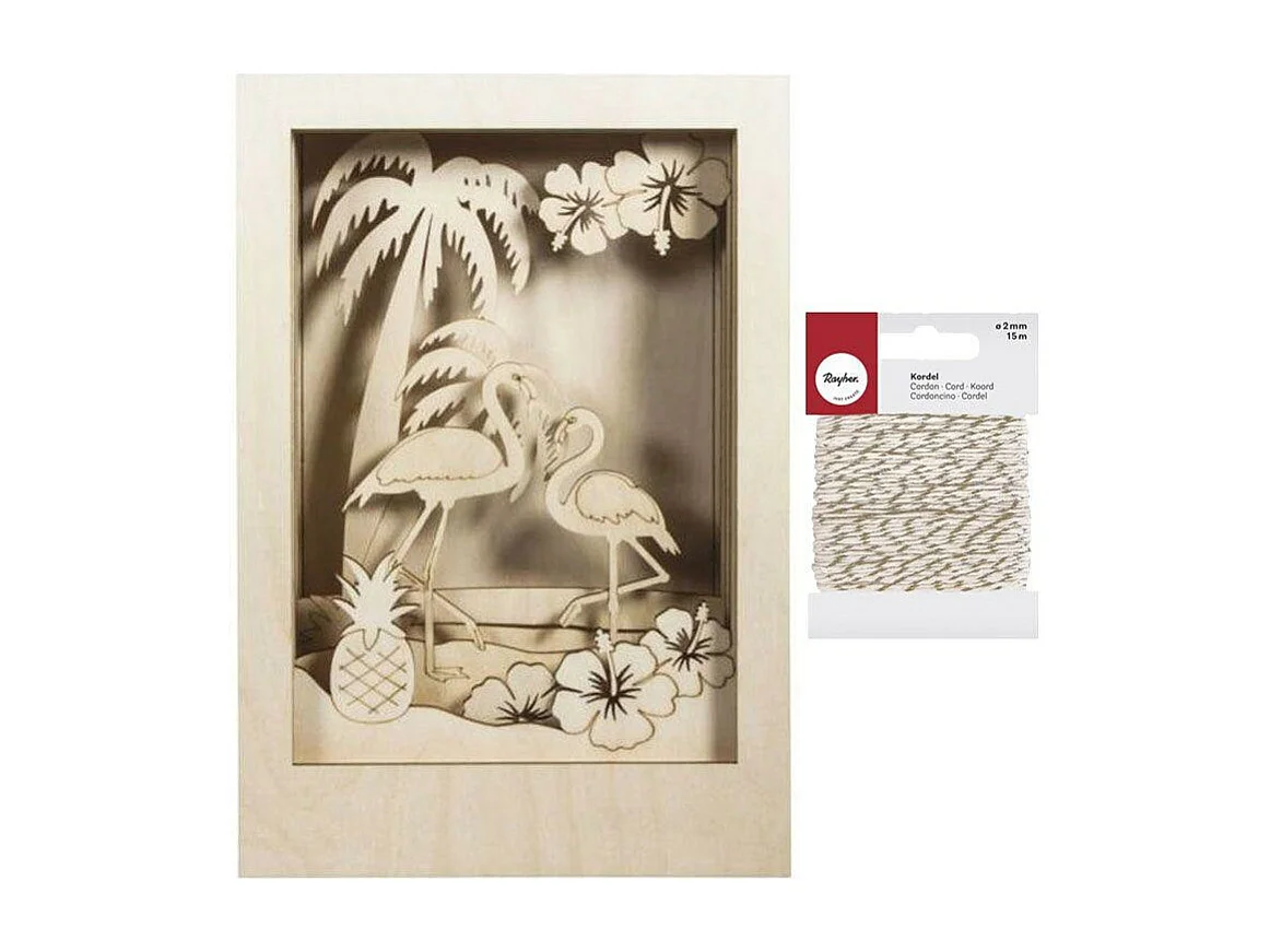 Dekorativer Holzrahmen mit 3DMuster 20 x 30 x 6,7 cm Flamingo + WeißGolden Schnur 15 m