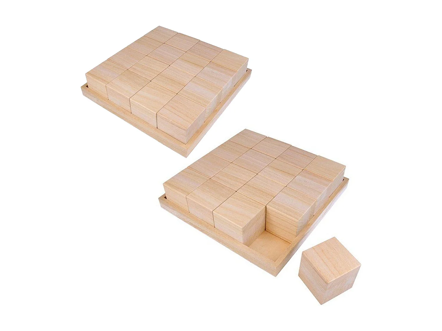 2 trays en 32 houten kubussen - 26,5 x 26,5 x 6,5 cm
