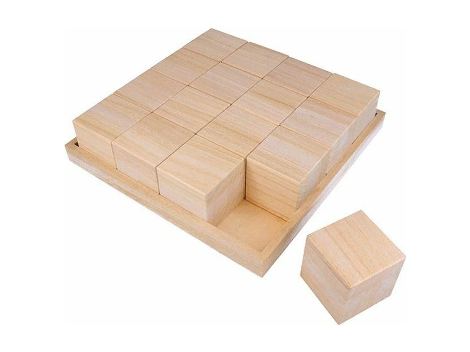 2 trays en 32 houten kubussen - 26,5 x 26,5 x 6,5 cm