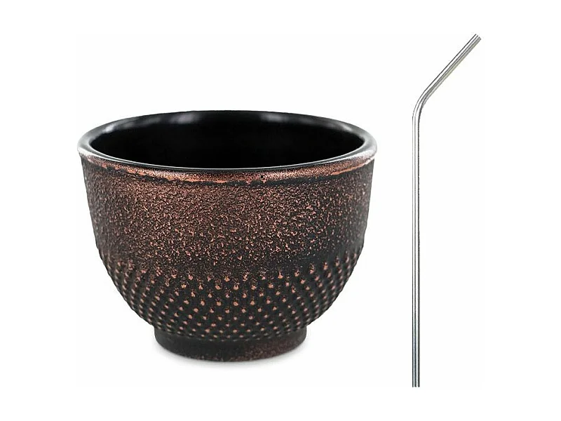 Tasse aus Gusseisen 0,15 L Schwarz & Bronze + 4 Trinkhalme aus Edelstahl
