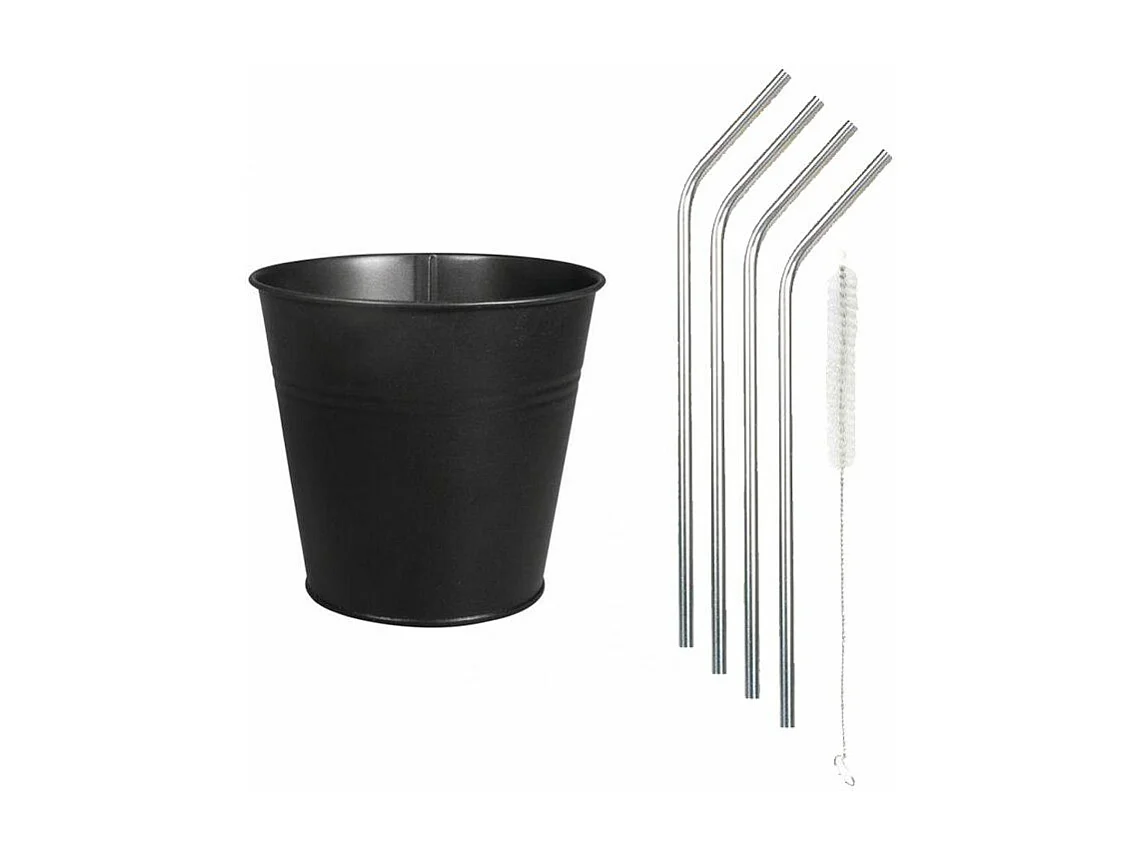 Zwarte metalen beker Ø 13 x 12 cm + 4 roestvrijstalen rietjes