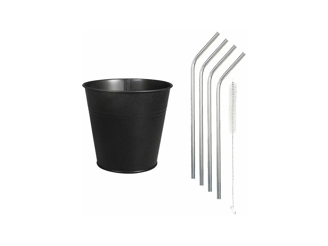 Gobelet métallique noir Ø 13 x 12 cm + 4 pailles en inox