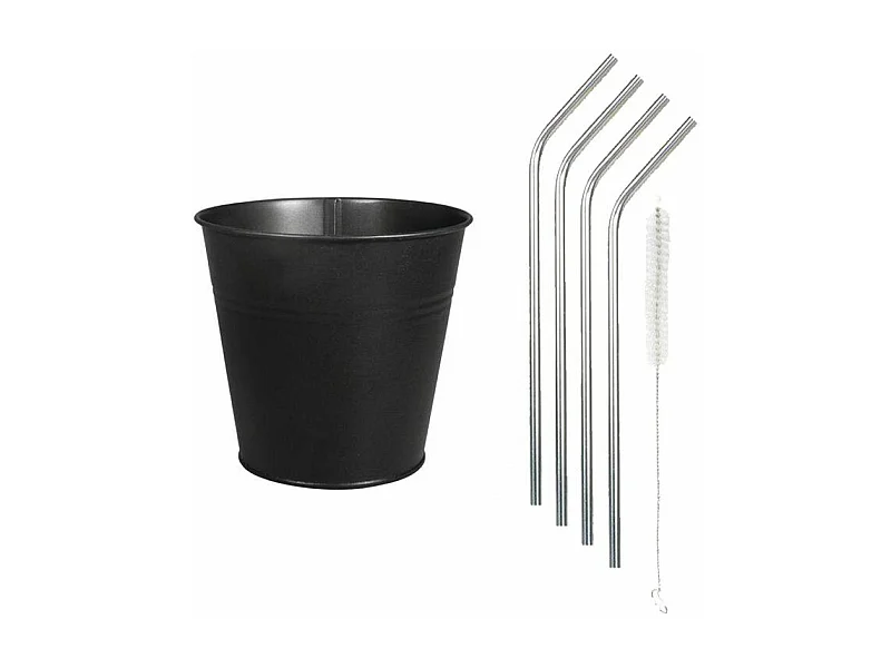 Gobelet métallique noir Ø 13 x 12 cm + 4 pailles en inox