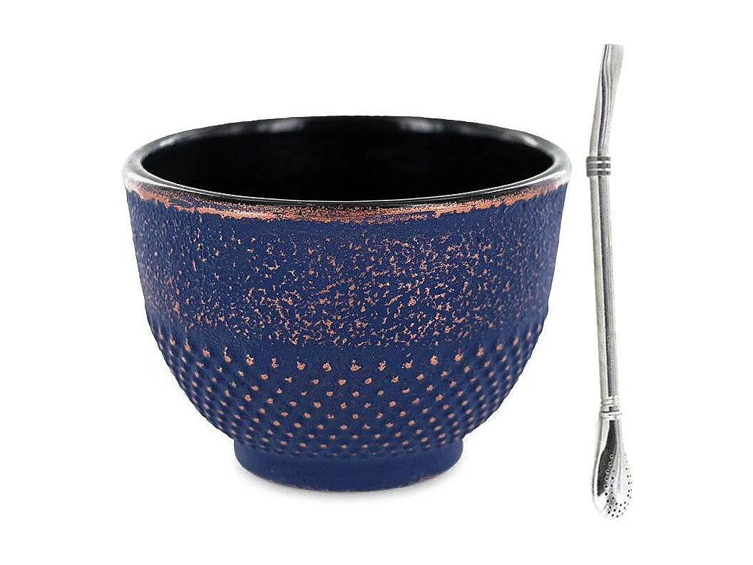 Blauwe en bronzen gietijzeren beker 0,15 L + roestvrijstalen rietje met filter