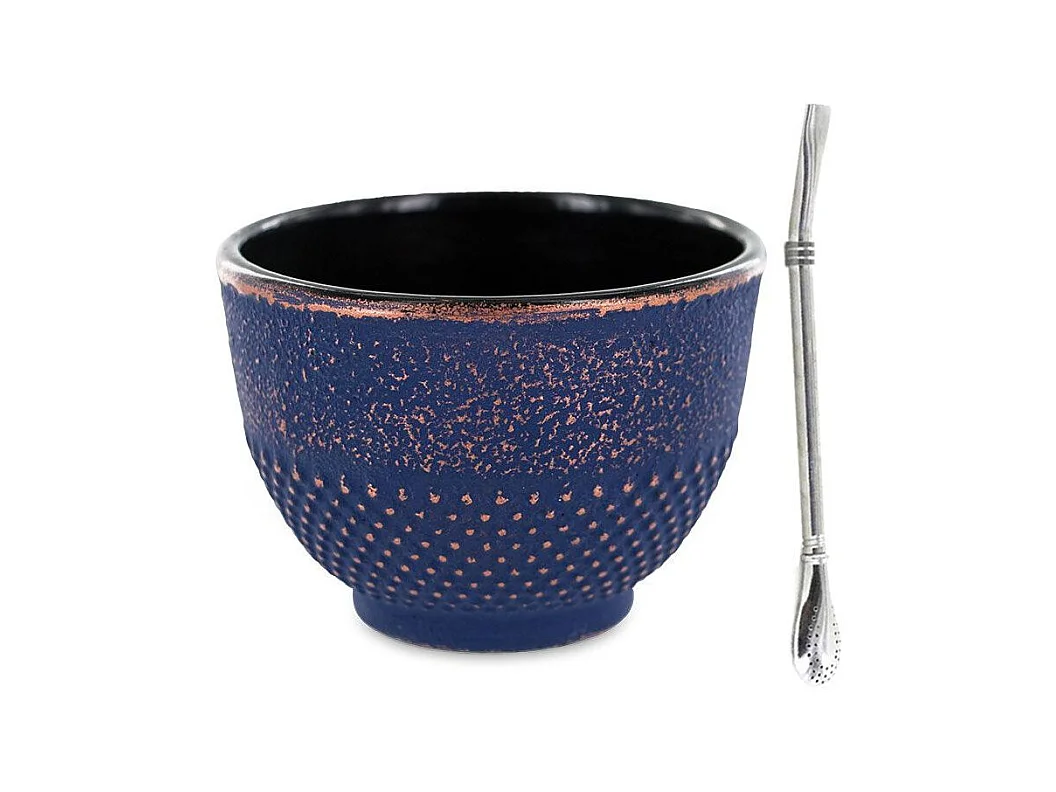 Tasse aus Gusseisen 0,15 L Blau & Bronze + Edelstahlstrohhalm mit Filter