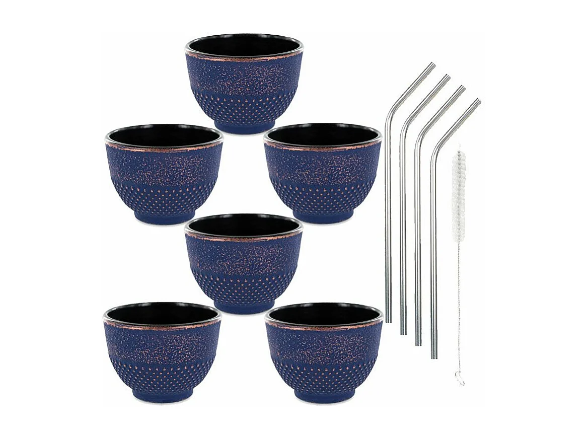 6 tazas de hierro fundido 15 cl azul y bronce + 4 pajitas de acero inoxidable