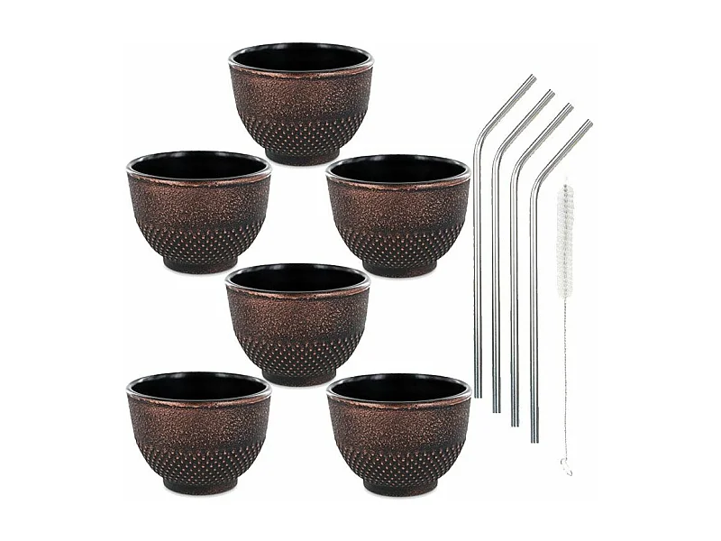 6 Tassen aus Gusseisen 15 cl Schwarz & Bronze + 4 Trinkhalme aus Edelstahl