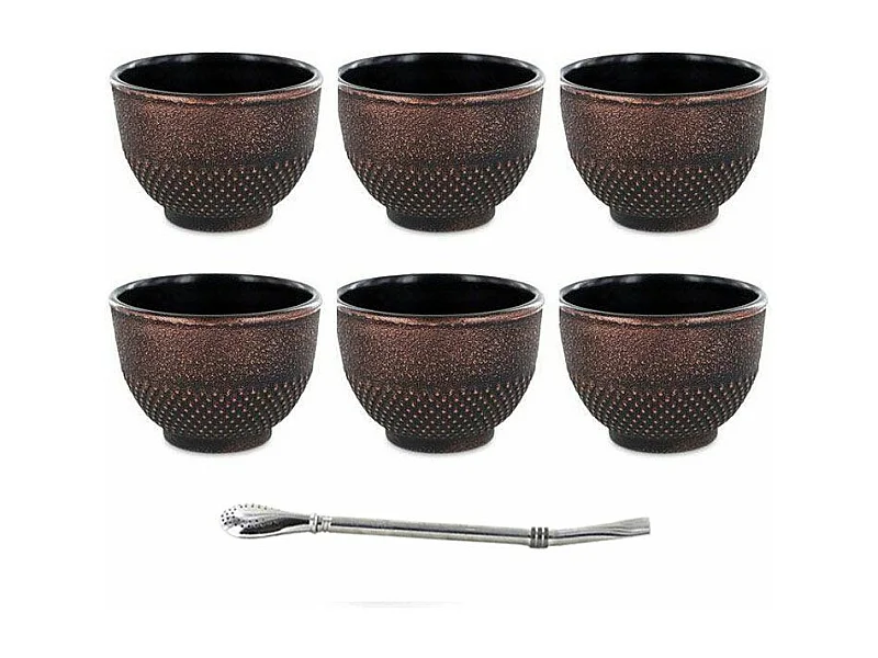 6 Tassen aus Gusseisen 15 cl Schwarz & Bronze + Edelstahlstrohhalm mit Filter