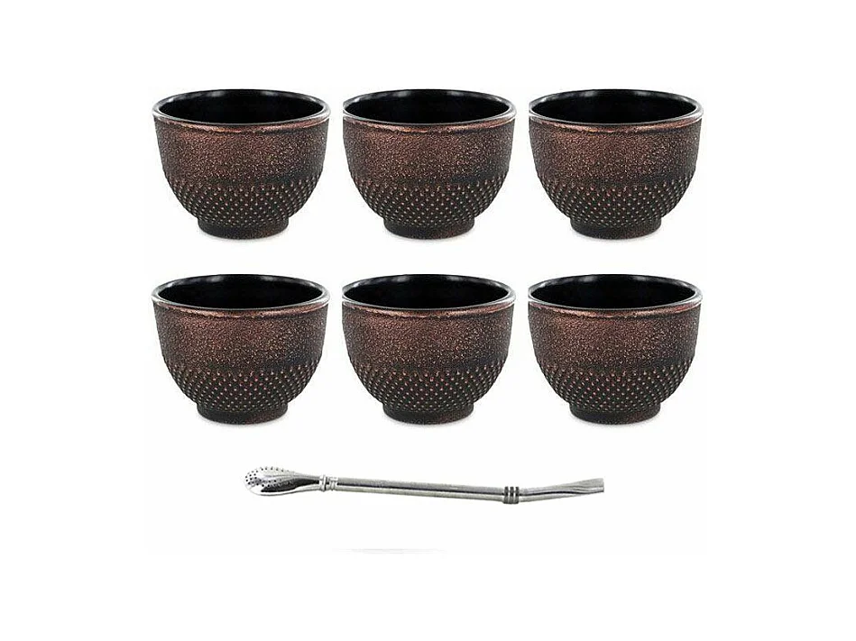6 Tassen aus Gusseisen 15 cl Schwarz & Bronze + Edelstahlstrohhalm mit Filter