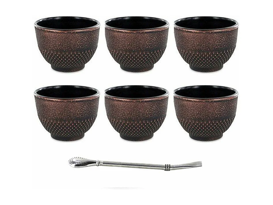 6 tasses en fonte noires & bronze 15 cl + paille inox avec filtre