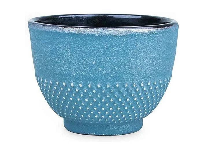 Taza de hierro fundido azul y plata