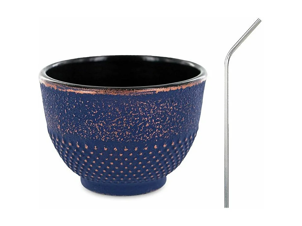 Taza de hierro fundido azul y bronce 0.15 L + 4 pajitas de acero inoxidable