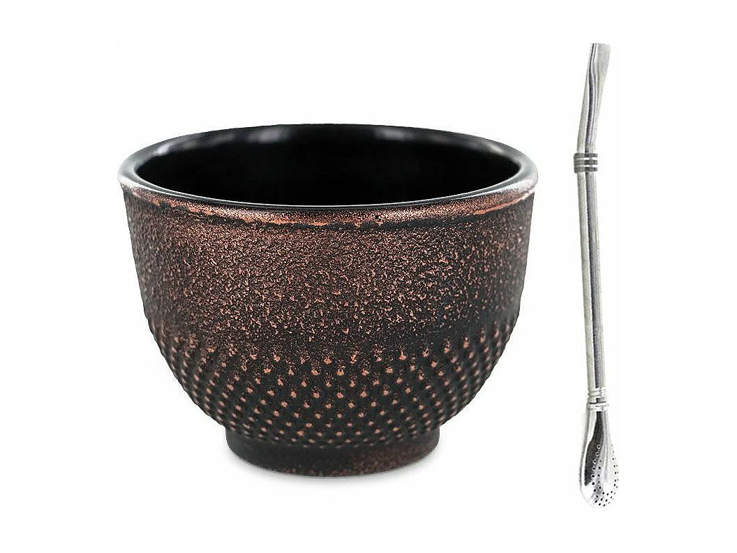 Tasse aus Gusseisen 0,15 L Schwarz & Bronze + Edelstahlstrohhalm mit Filter