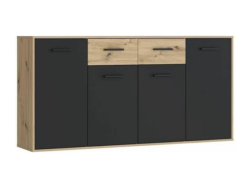 Buffet Particules mélaminé - chêne et noir - 4 portes + 2 tiroirs - 162,3 x 34,2 x 81,7 cm