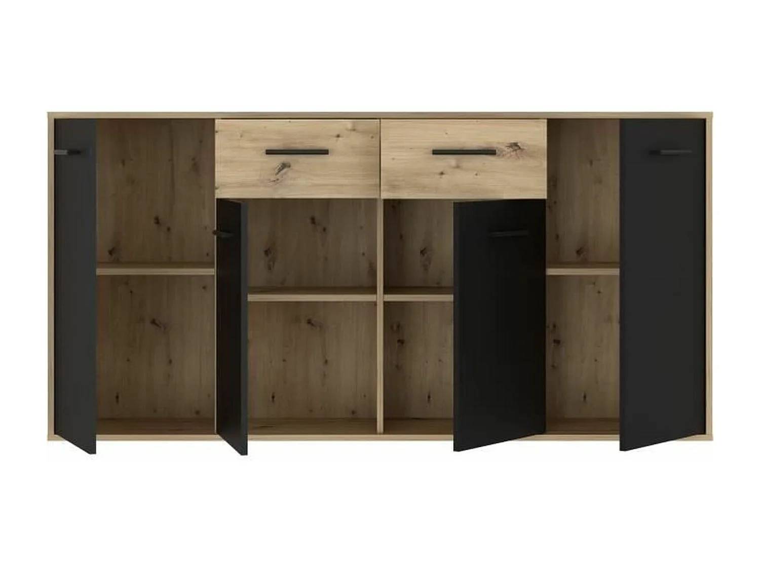Buffet Particules mélaminé - chêne et noir - 4 portes + 2 tiroirs - 162,3 x 34,2 x 81,7 cm