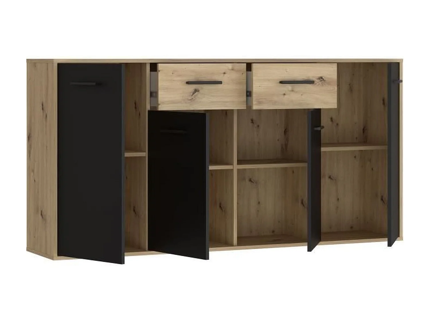 Buffet Particules mélaminé - chêne et noir - 4 portes + 2 tiroirs - 162,3 x 34,2 x 81,7 cm