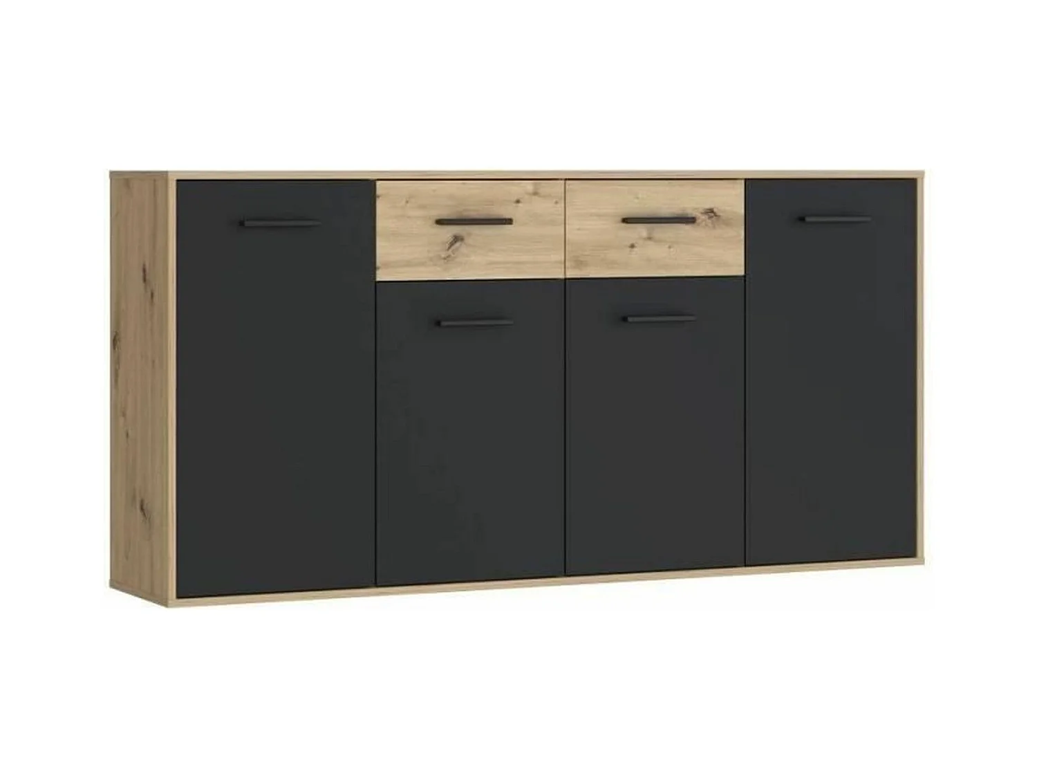 Buffet Particules mélaminé - chêne et noir - 4 portes + 2 tiroirs - 162,3 x 34,2 x 81,7 cm