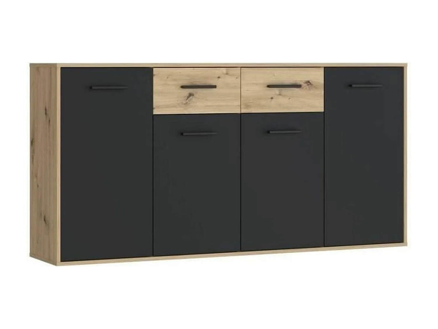 Buffet Particules mélaminé - chêne et noir - 4 portes + 2 tiroirs - 162,3 x 34,2 x 81,7 cm