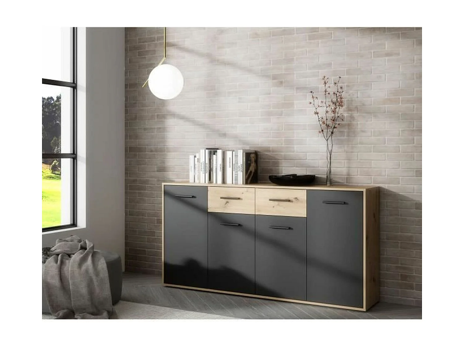 Buffet Particules mélaminé - chêne et noir - 4 portes + 2 tiroirs - 162,3 x 34,2 x 81,7 cm