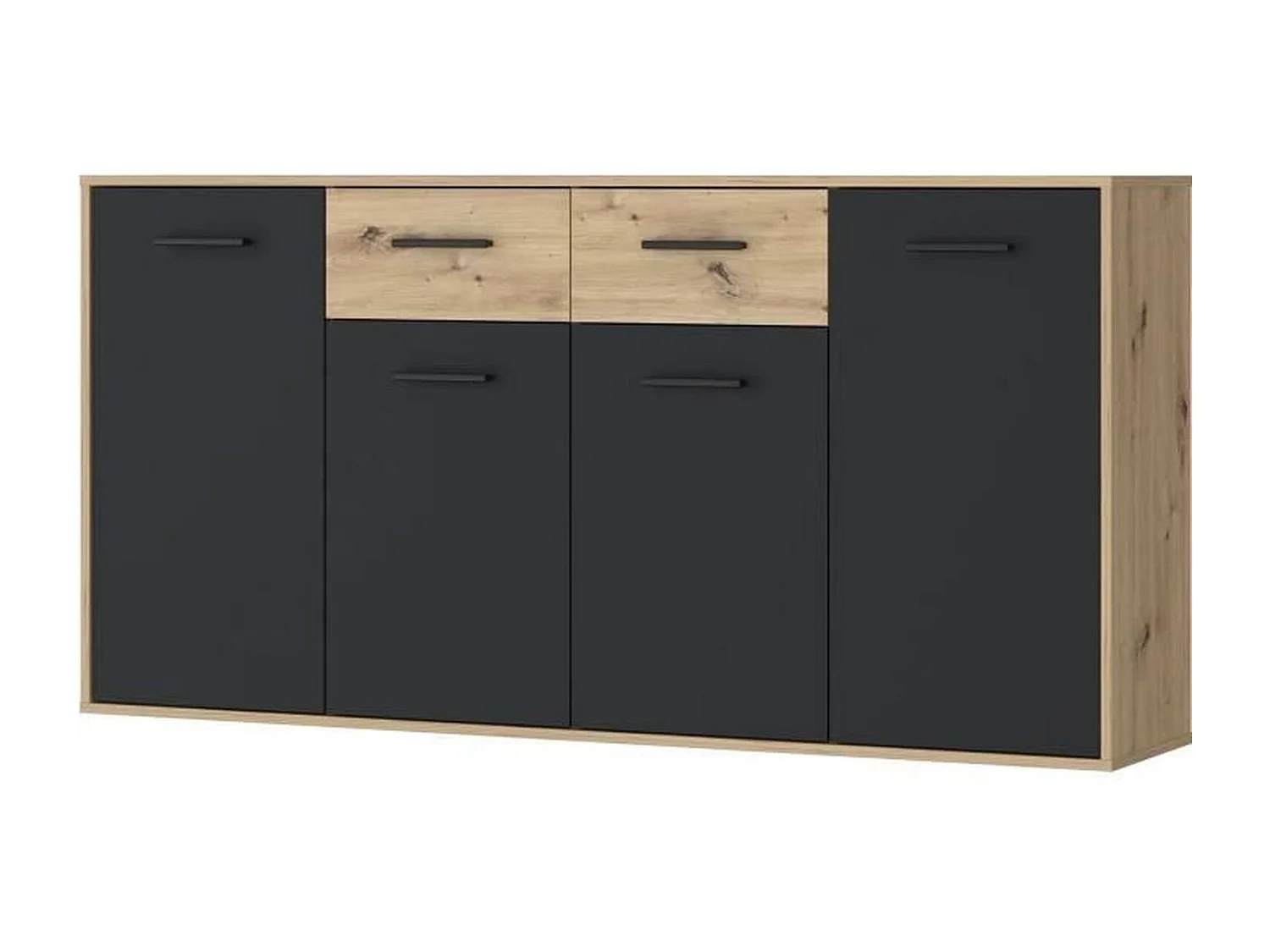 Buffet Particules mélaminé - chêne et noir - 4 portes + 2 tiroirs - 162,3 x 34,2 x 81,7 cm