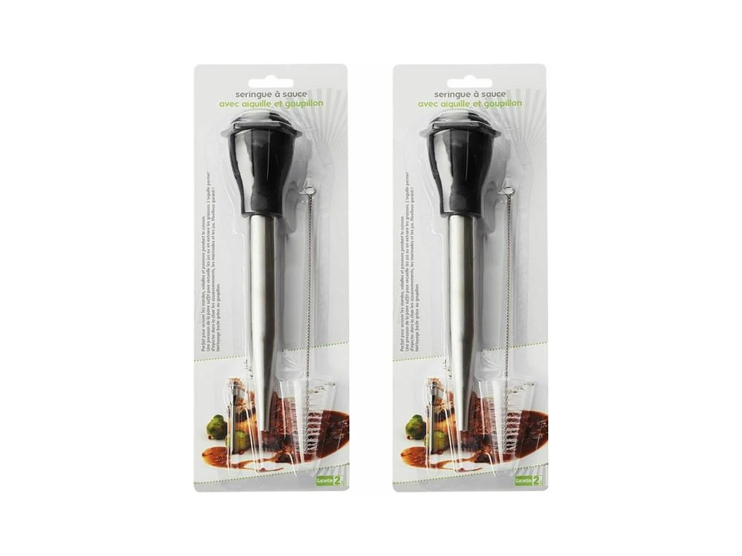 2 seringues à sauce en inox avec aiguille et goupillon