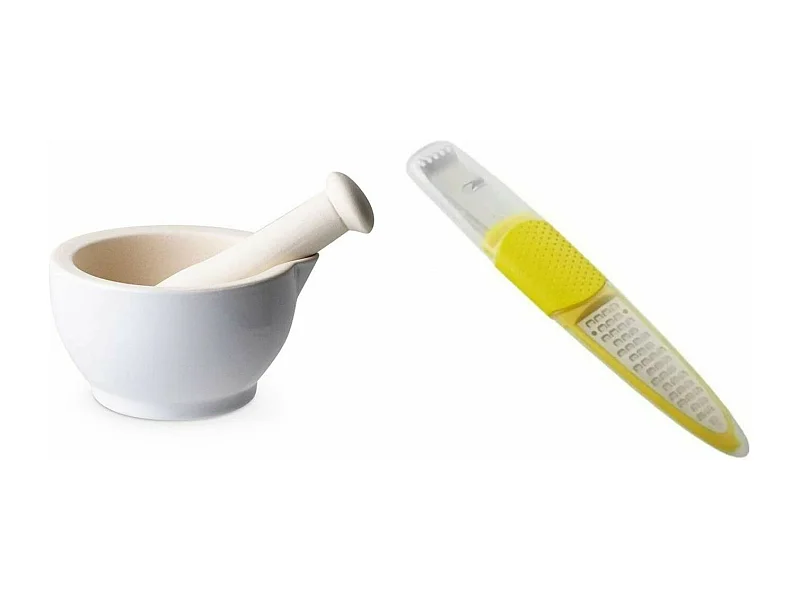 Mortier et pilon en grès blanc + Zesteur-Râpe à citron