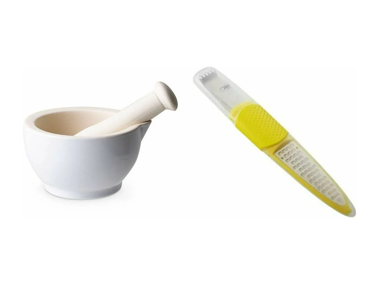 Mortier et pilon en grès blanc + Zesteur-Râpe à citron