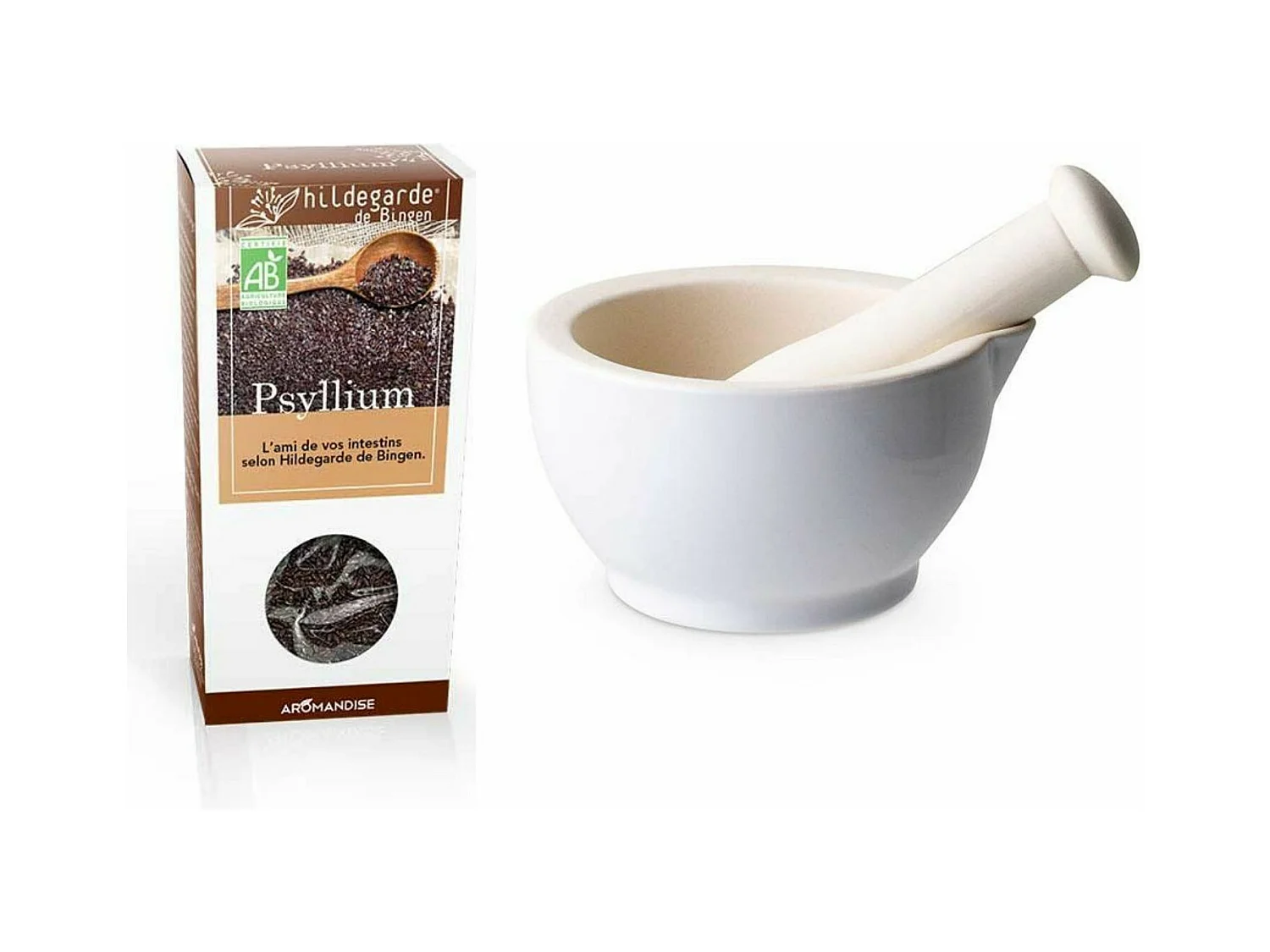 Mortier et pilon en grès blanc + Psyllium bio 100 g