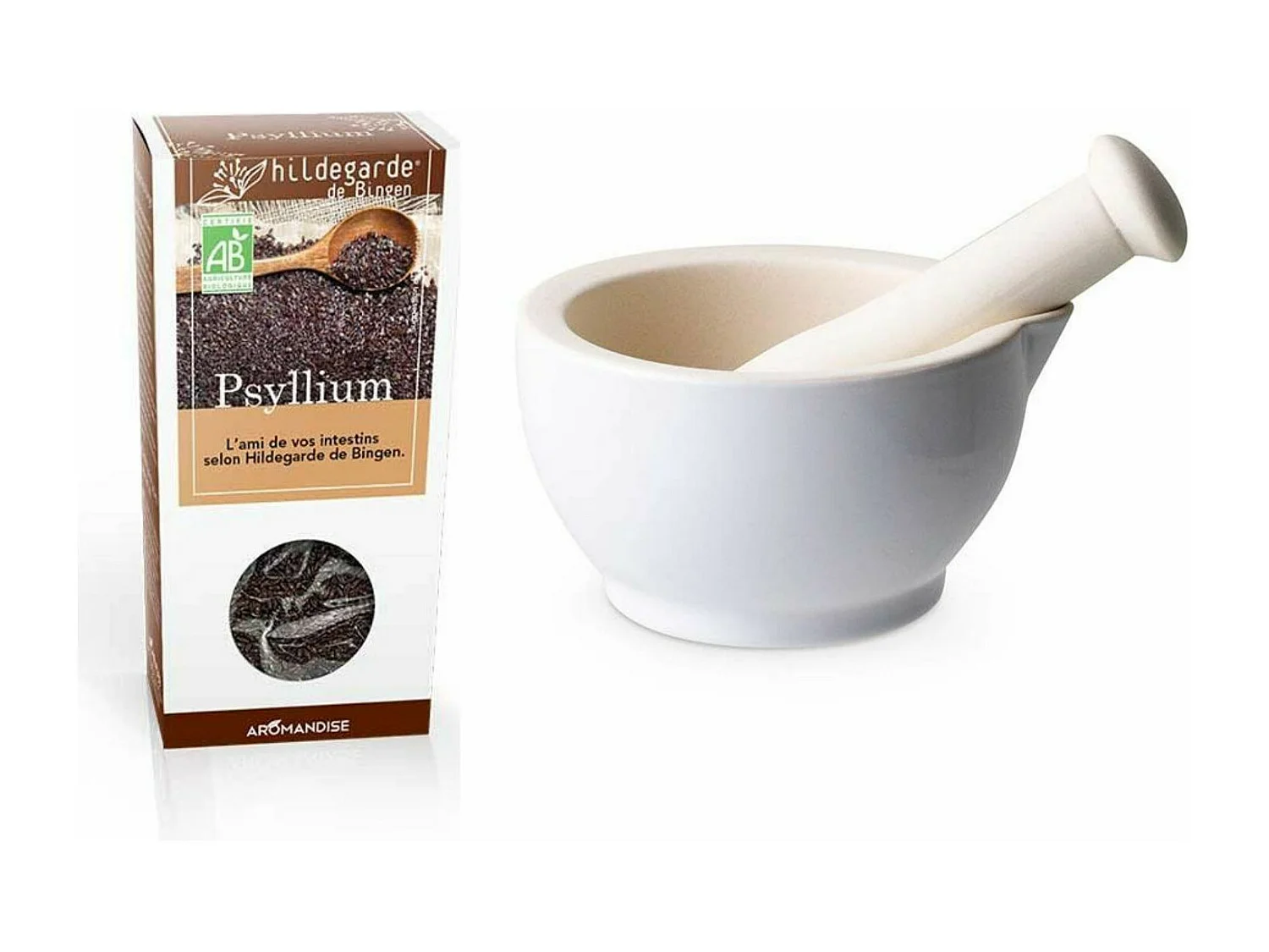 Mortier et pilon en grès blanc + Psyllium bio 100 g
