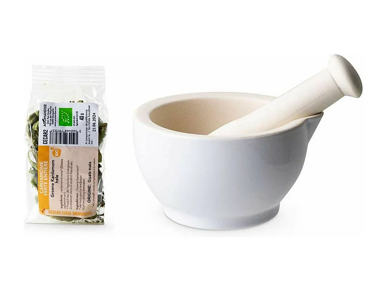 Mörser und Stößel aus weißem Sandstein + Grüner Kardamom ganz bio 40 g