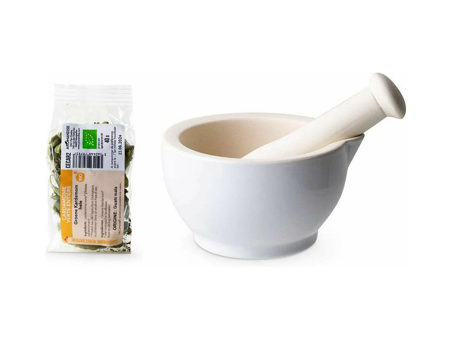 Mortier et pilon en grès blanc + Cardamome verte entière bio - 40 g