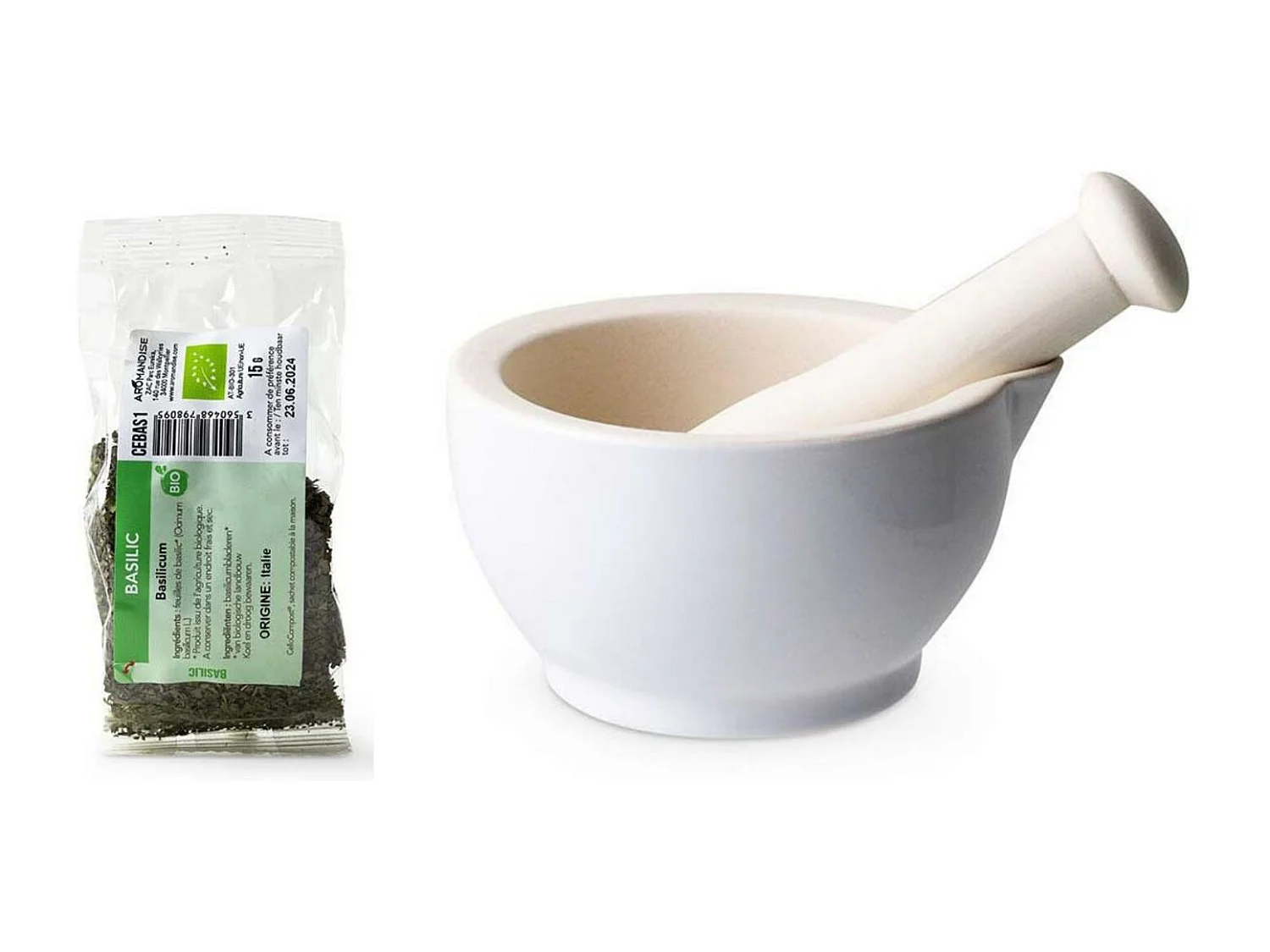 Mortier et pilon en grès blanc + Basilic bio - 15 g