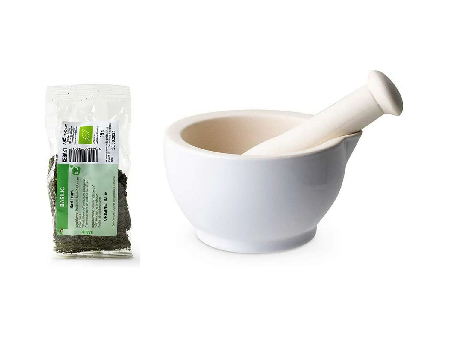 Mortier et pilon en grès blanc + Basilic bio - 15 g