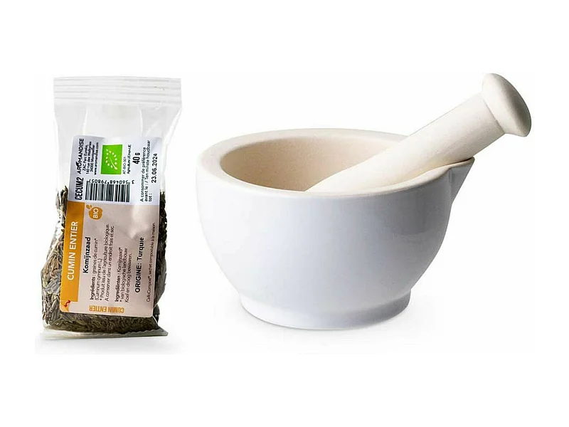 Mortier et pilon en grès blanc + Cumin entier bio - 40 g