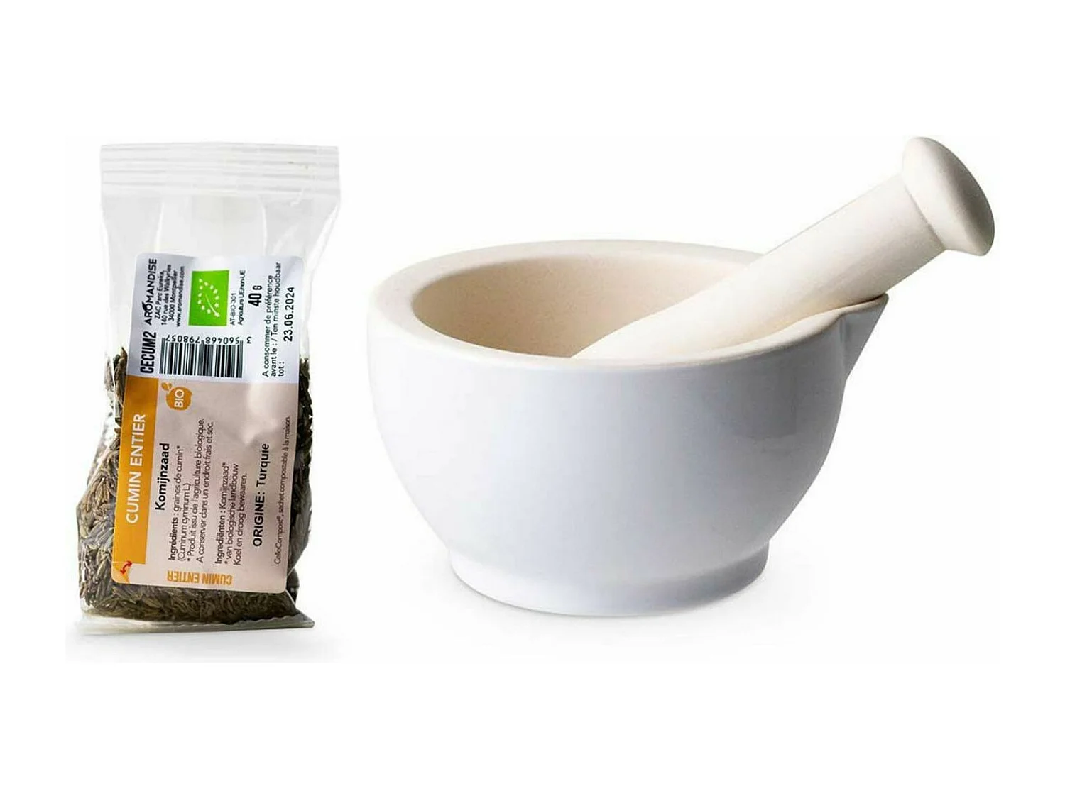 Mortier et pilon en grès blanc + Cumin entier bio - 40 g