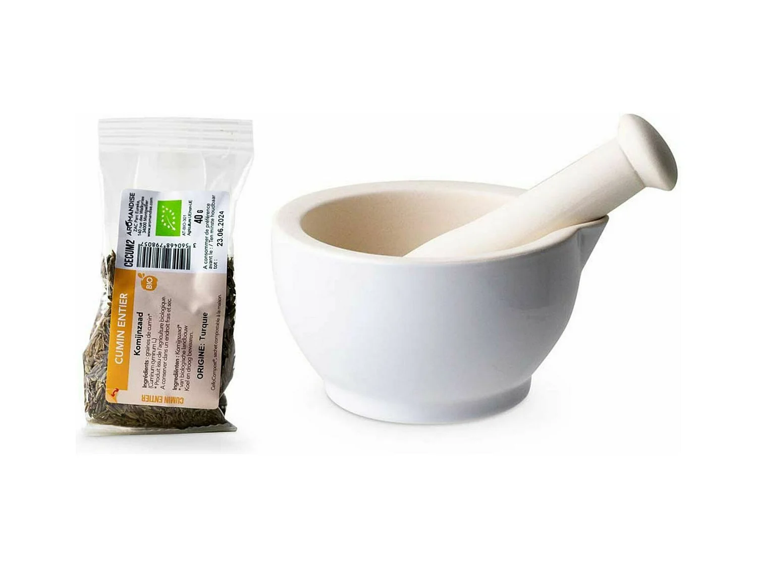 Mortaio e pestello in gres bianco + Cumino intero biologico 40 g
