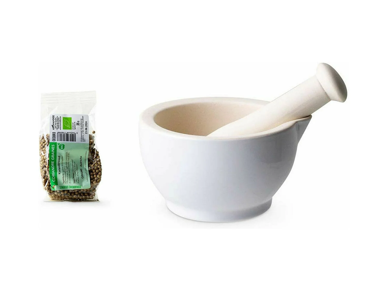 Mortier et pilon en grès blanc + Coriandre en graine bio - 35 g