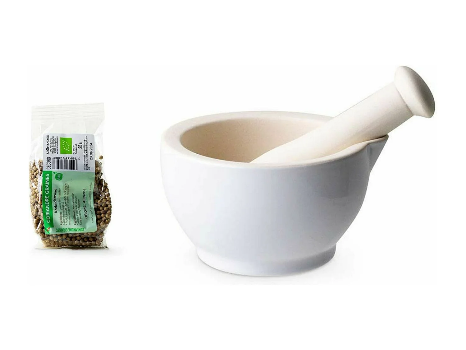 Mortier et pilon en grès blanc + Coriandre en graine bio - 35 g