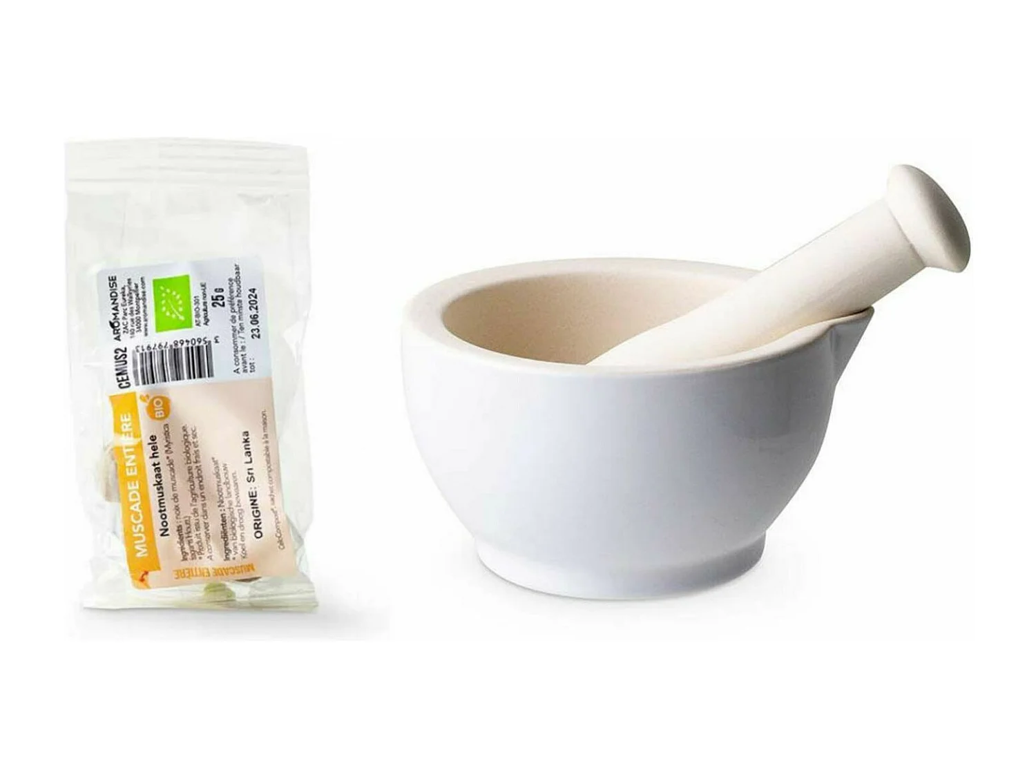 Mortier et pilon en grès blanc + Muscade entière bio - 25 g