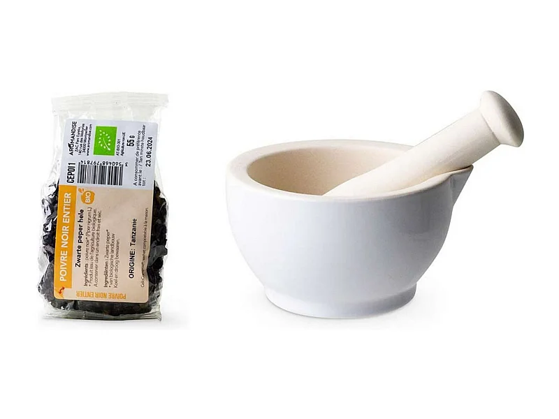 Mortier et pilon en grès blanc + Poivre noir bio entier - 55 g