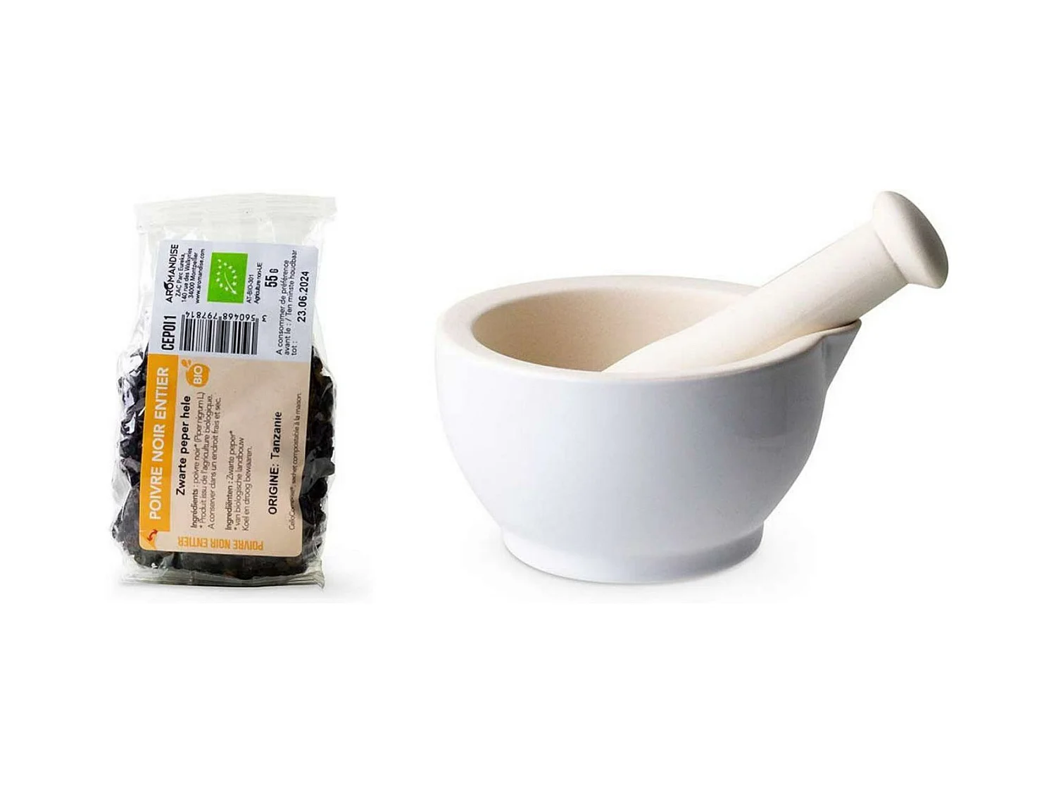 Mortier et pilon en grès blanc + Poivre noir bio entier - 55 g