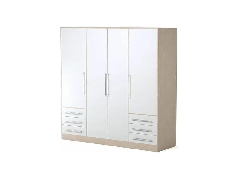 Kleiderschrank 4 Flügeltüren + 6 Schubladen – Spanplatte – Eiche und Weiß – 206 x 60 x 200 cm