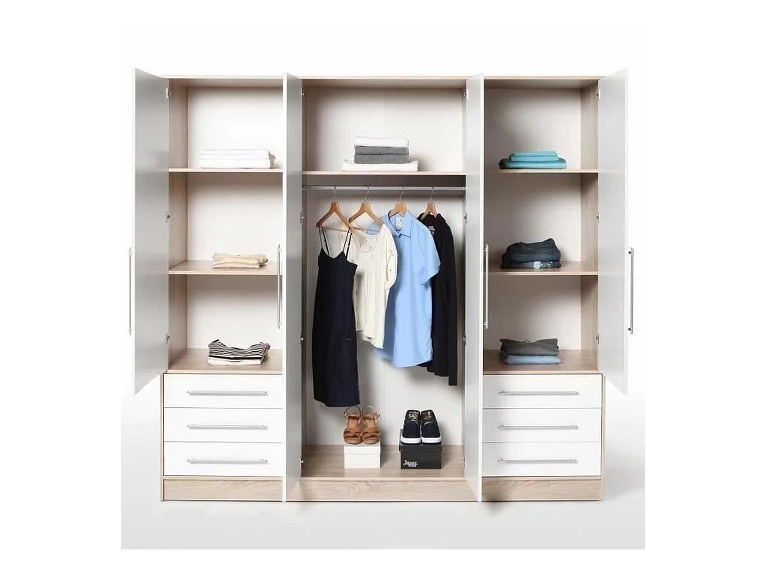 Kleiderschrank 4 Flügeltüren + 6 Schubladen – Spanplatte – Eiche und Weiß – 206 x 60 x 200 cm