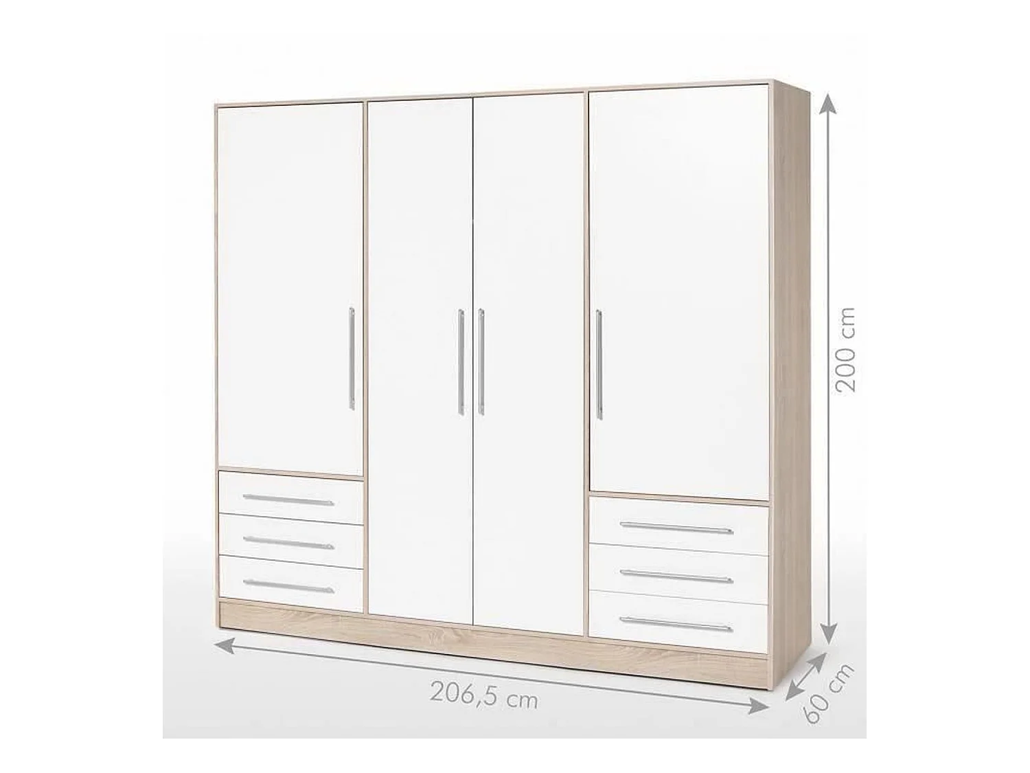 Kleiderschrank 4 Flügeltüren + 6 Schubladen – Spanplatte – Eiche und Weiß – 206 x 60 x 200 cm