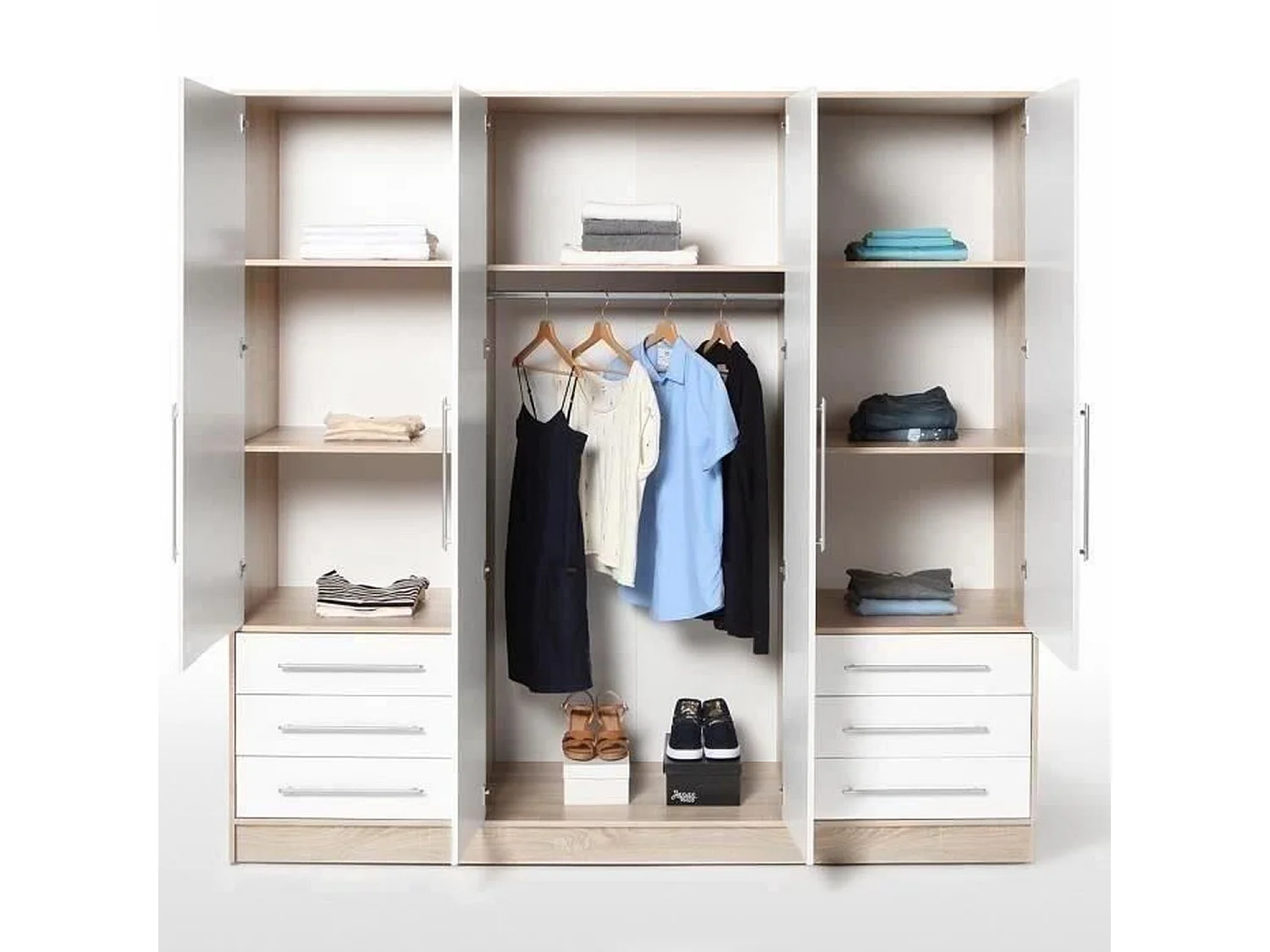 Armoire 4 portes battantes + 6 tiroirs- Bois aggloméré - chêne et blanc - 206 x 60 x 200 cm