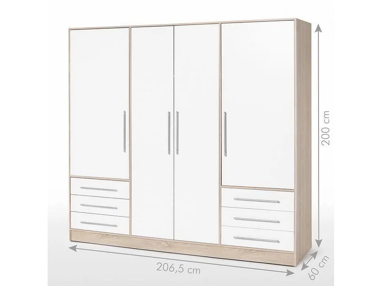 Armoire 4 portes battantes + 6 tiroirs- Bois aggloméré - chêne et blanc - 206 x 60 x 200 cm