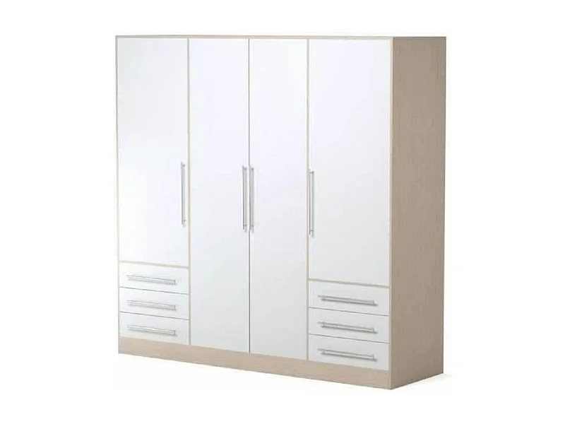 Armoire 4 portes battantes + 6 tiroirs- Bois aggloméré - chêne et blanc - 206 x 60 x 200 cm