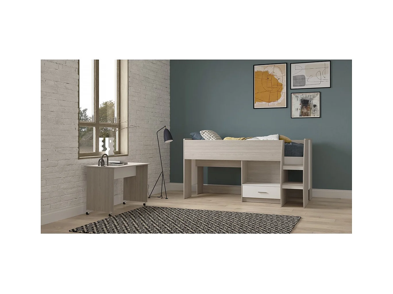 Lit combiné bureau 1 tiroir 90x200 cm sommier inclus L120,9 cm - NANO
