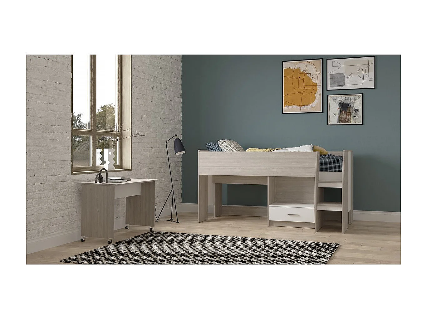 Lit combiné bureau 1 tiroir 90x200 cm sommier inclus L120,9 cm - NANO