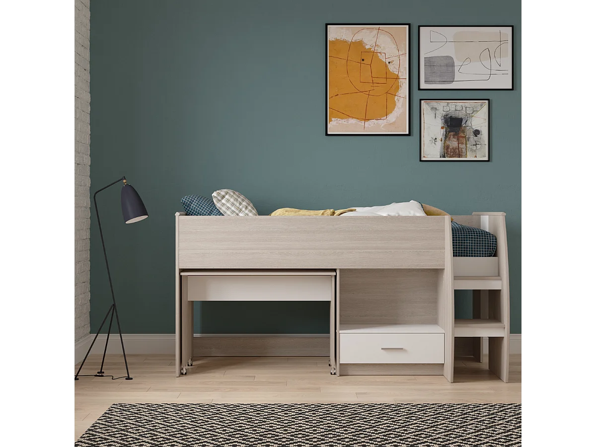 Lit combiné bureau 1 tiroir 90x200 cm sommier inclus L120,9 cm - NANO